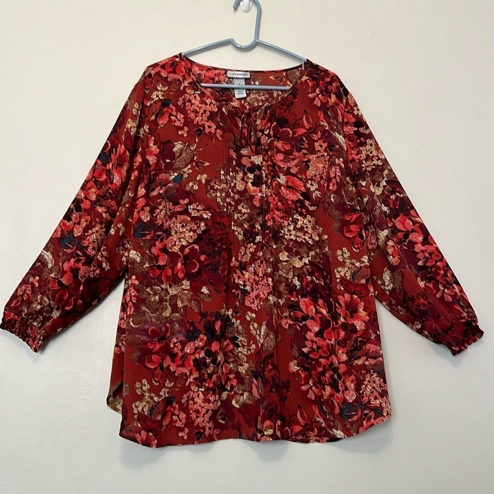 Catherine’s Burgundy Boho Floral Tunic Blouse Balloon Sleeves Pleated Peasant 1X
